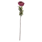 Full view of an artificial flower stem with a burgundy-purple bloom, lobed green leaves and a long brown stem on white.