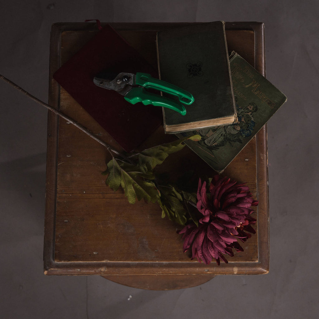 Overhead view of burgundy artificial flowers laid diagonally across a wooden table beside old books and green-handled secateurs.