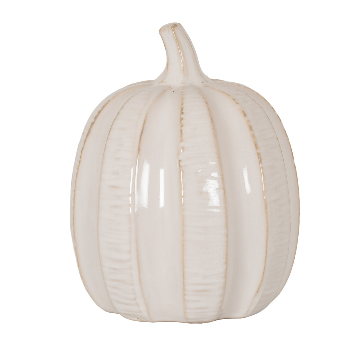 Pale cream pumpkin ornament with tan-lined vertical grooves, fine horizontal ribbing and a curved stem against a white background.