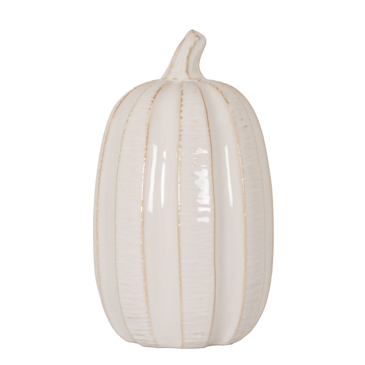 Pale elongated pumpkin ornament with tan-traced vertical grooves, fine horizontal ribbing and a curved stem against a white background.