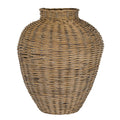 Tan and grey-brown woven vase with a bulbous body tapering to the base, a short cylindrical neck and thick woven rim, shown against white.