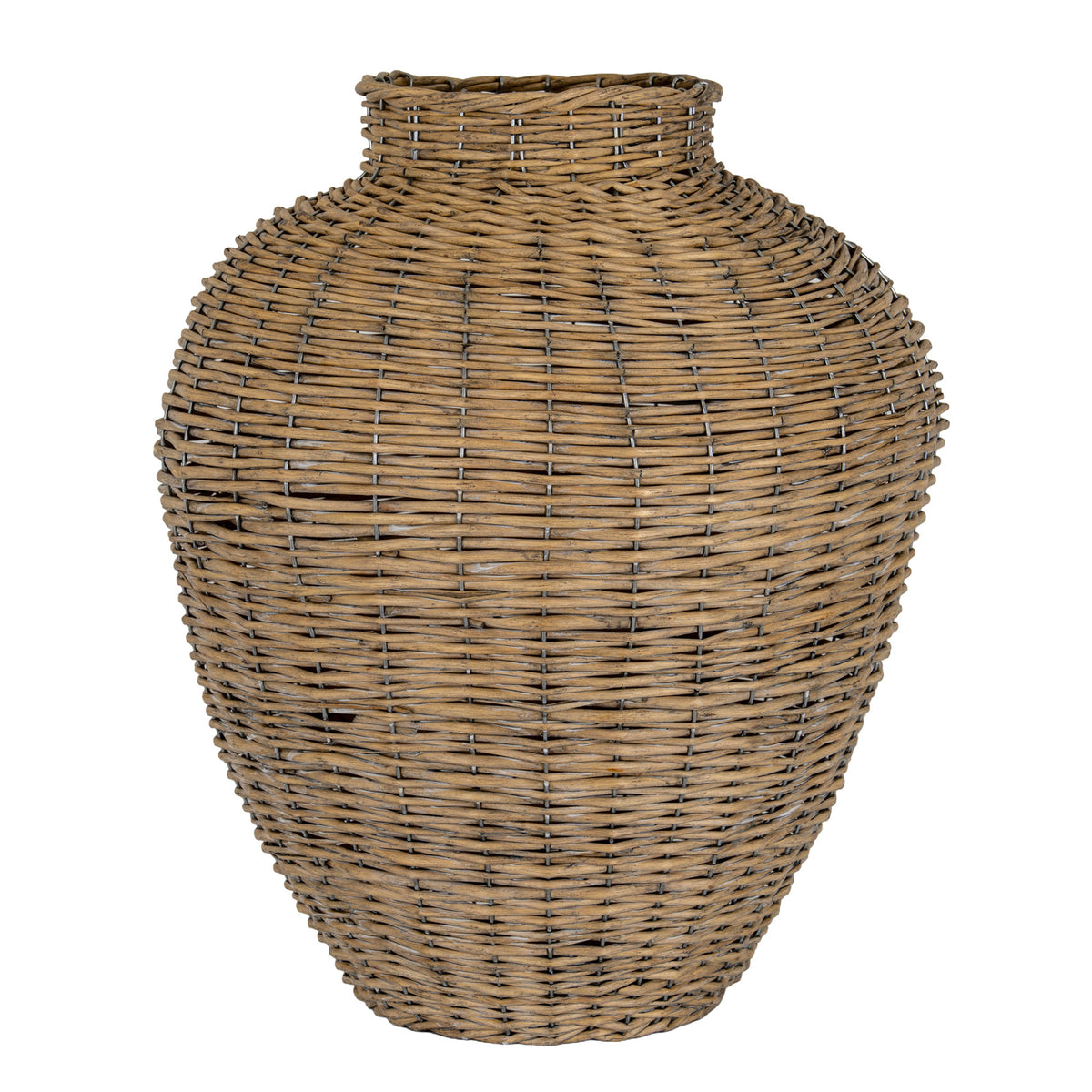 Tan and grey-brown woven vase with a bulbous body tapering to the base, a short cylindrical neck and thick woven rim, shown against white.