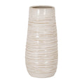 Pale cream column vase with irregular horizontal ribs, fine tan accent lines and a wide open rim against a white background.
