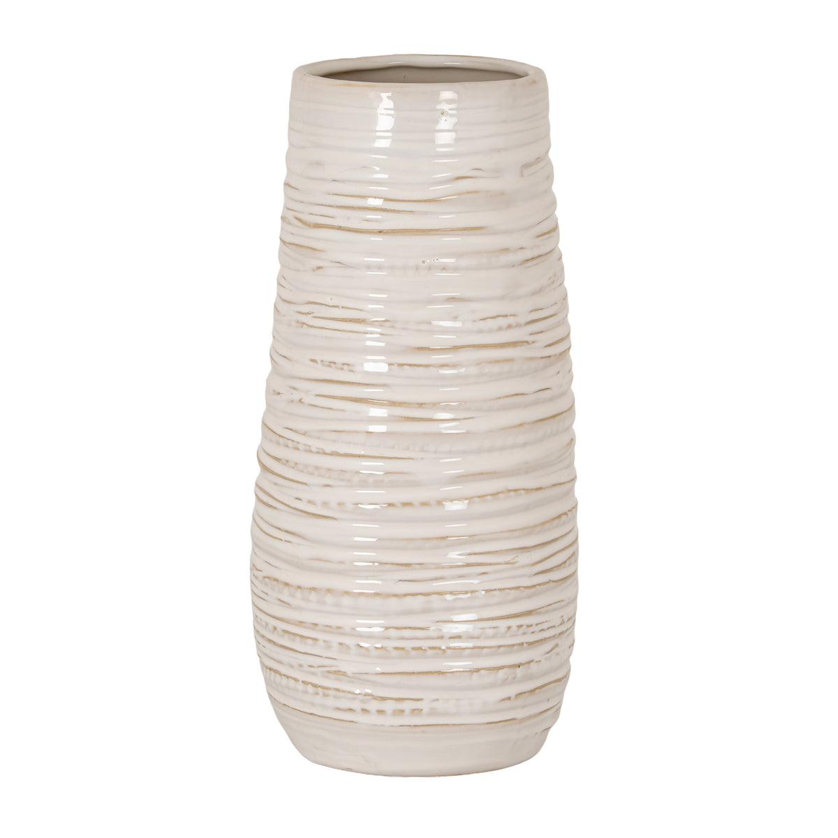 Pale cream column vase with irregular horizontal ribs, fine tan accent lines and a wide open rim against a white background.