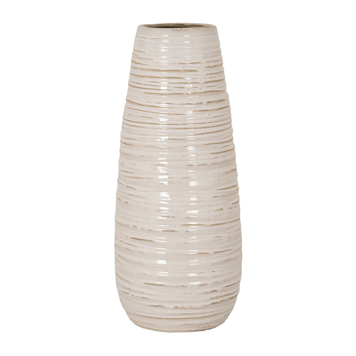 Tall pale cream vase with tan lines along irregular horizontal ribs, a tapered body and an open circular mouth against a white background.