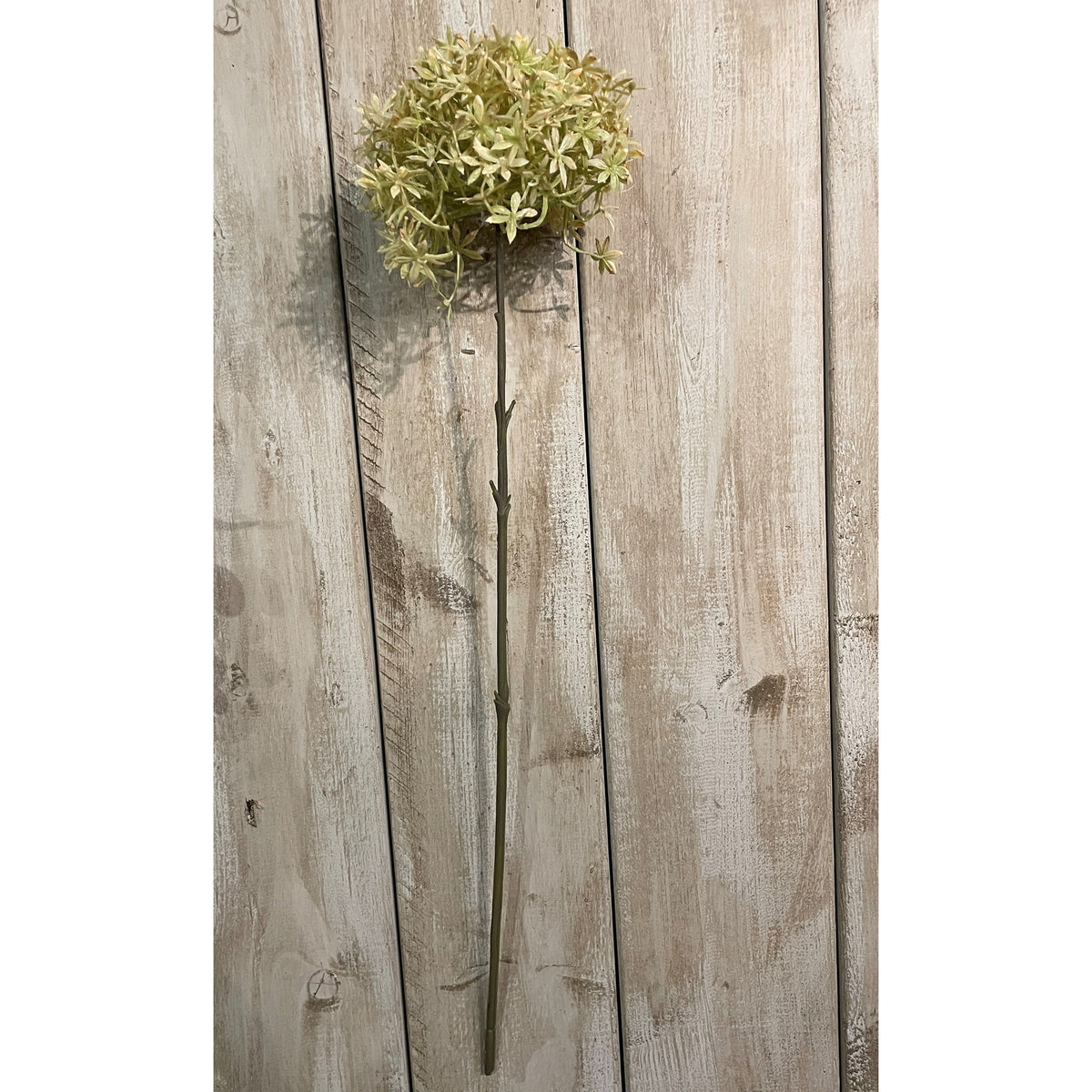 Full view of the Tan Tipstar artificial flower stem against pale wooden boards, with a rounded flower head above a long dark grey-green stalk.