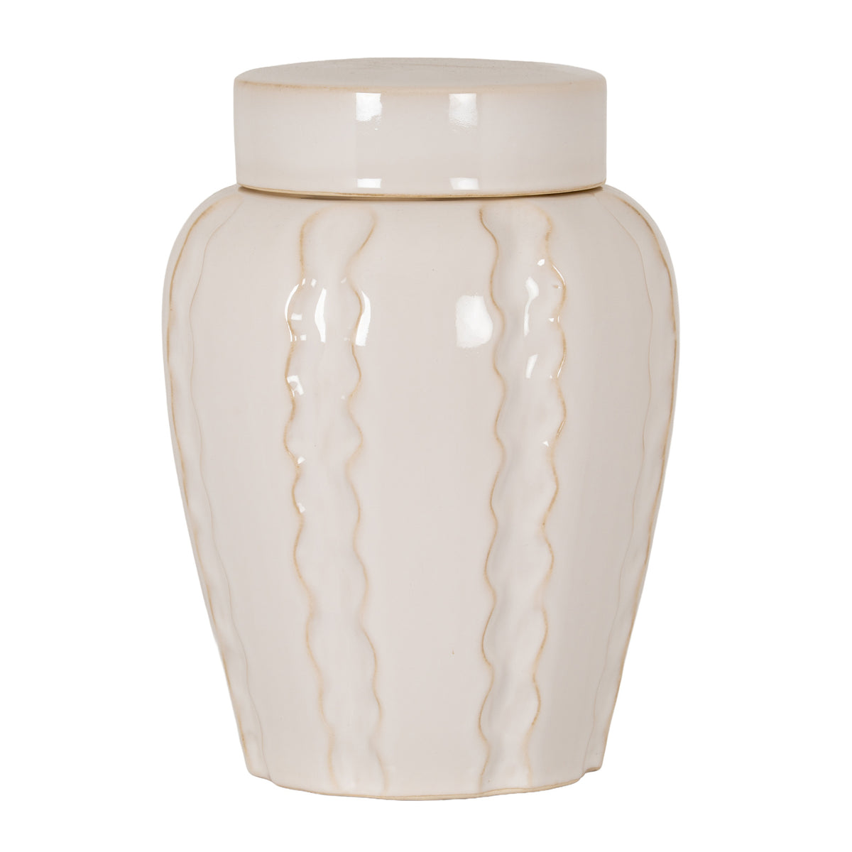 Pale cream lidded jar with a broad cylindrical cap, rounded shoulders and fine tan wavy lines down its glossy-looking body against a white background.