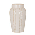 Pale cream lidded jar with thin tan wavy vertical lines, rounded shoulders and a low cylindrical cap, shown against white.