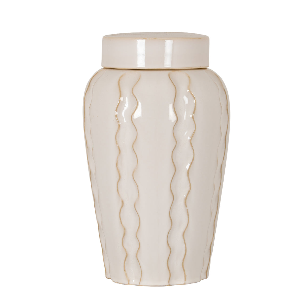 Pale cream lidded jar with thin tan wavy vertical lines, rounded shoulders and a low cylindrical cap, shown against white.