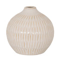 Creamy round vase with tan-accented vertical grooves, sloping shoulders and a small open neck against a white background.