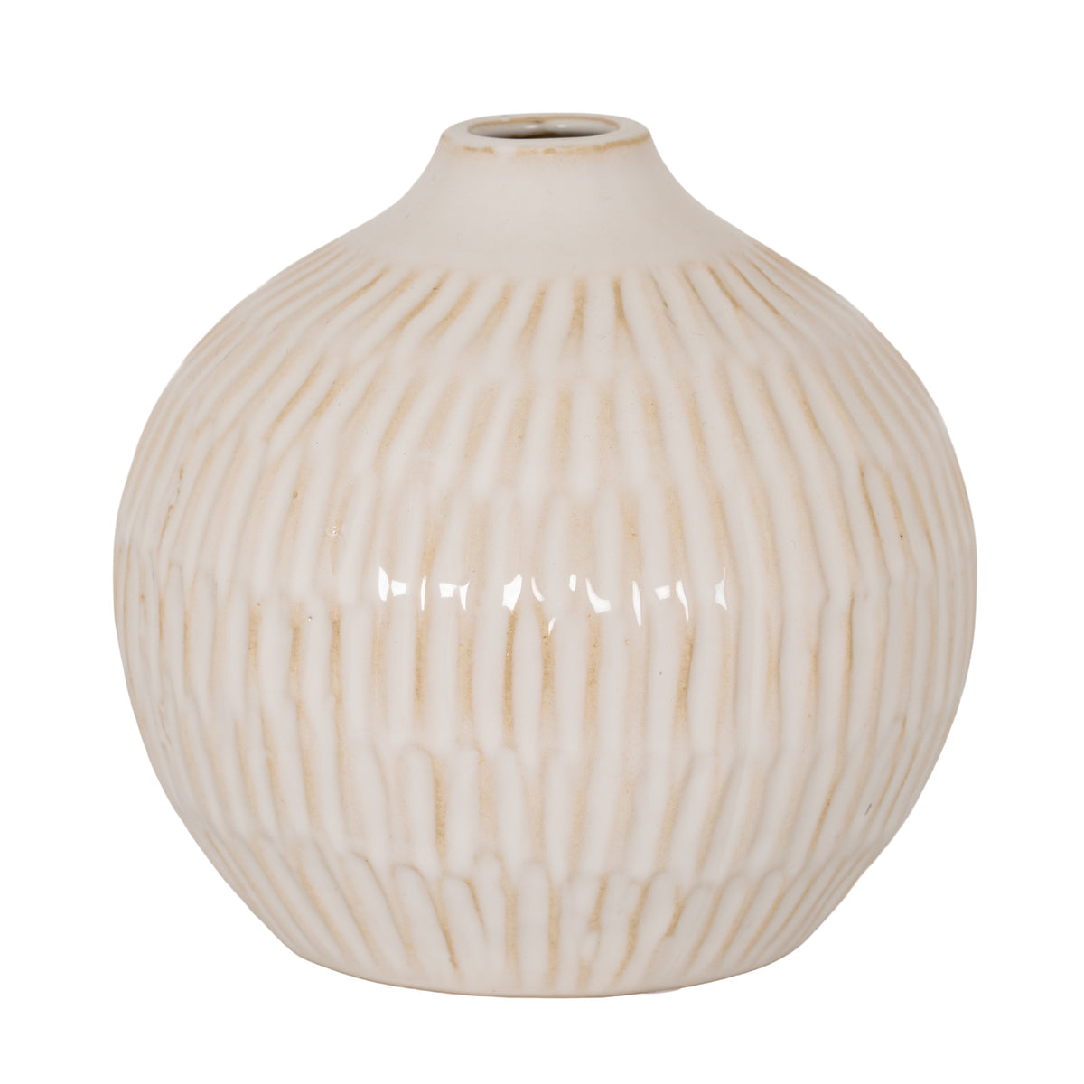 Creamy round vase with tan-accented vertical grooves, sloping shoulders and a small open neck against a white background.