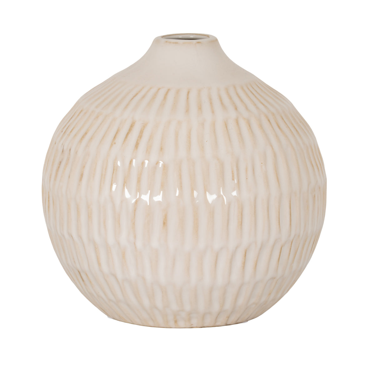 Cream vase with tan-accented vertical grooves, a broad rounded body, sloping shoulders and a small circular opening, shown against white.