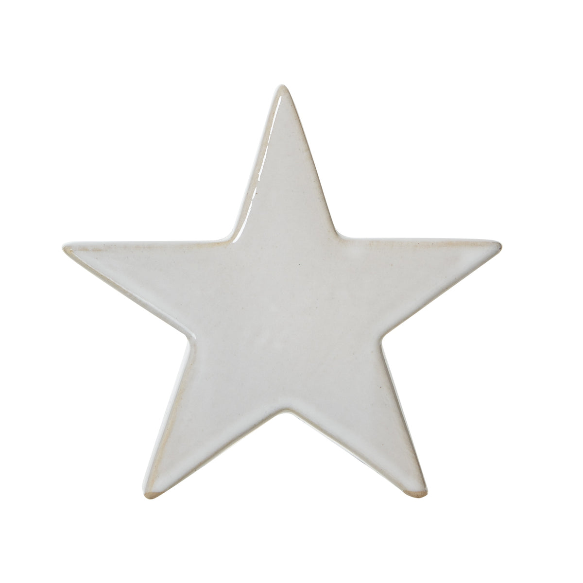Front view of an off-white five-point star decoration with a plain glossy face and subtle tan edging.
