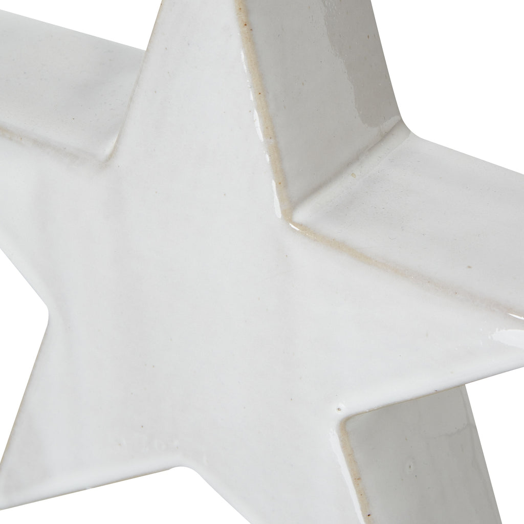 Close-up of the star's glossy pale surface, fine speckles and tan edging where the front face meets the deep sides.