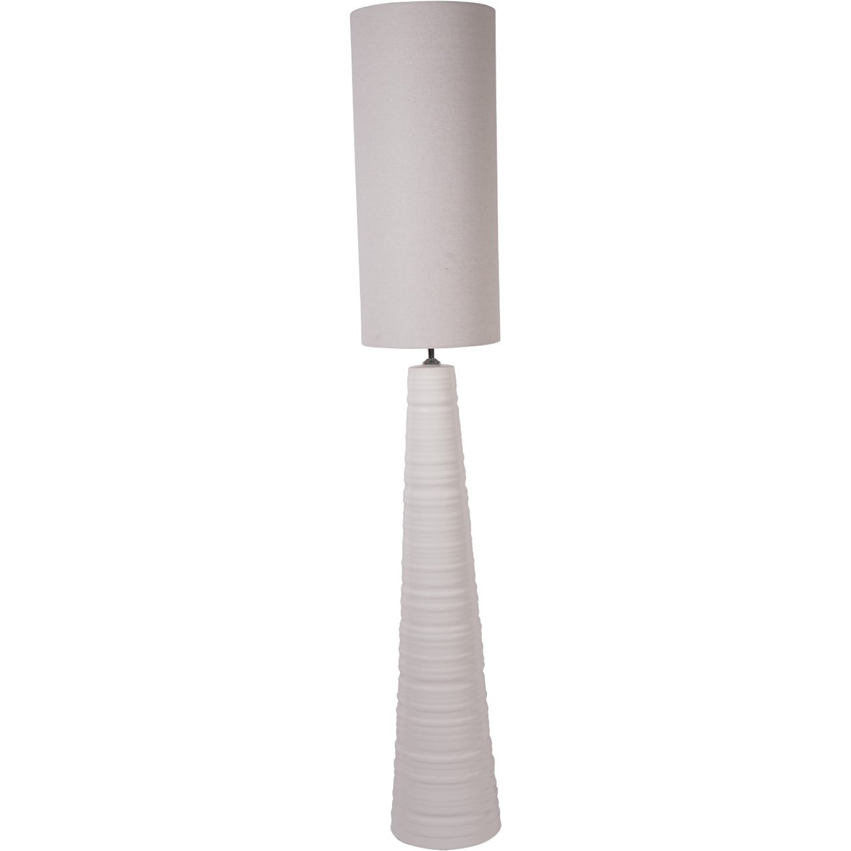 Full view of the white floor lamp with a tapered ribbed base and tall pale drum shade against a white background.