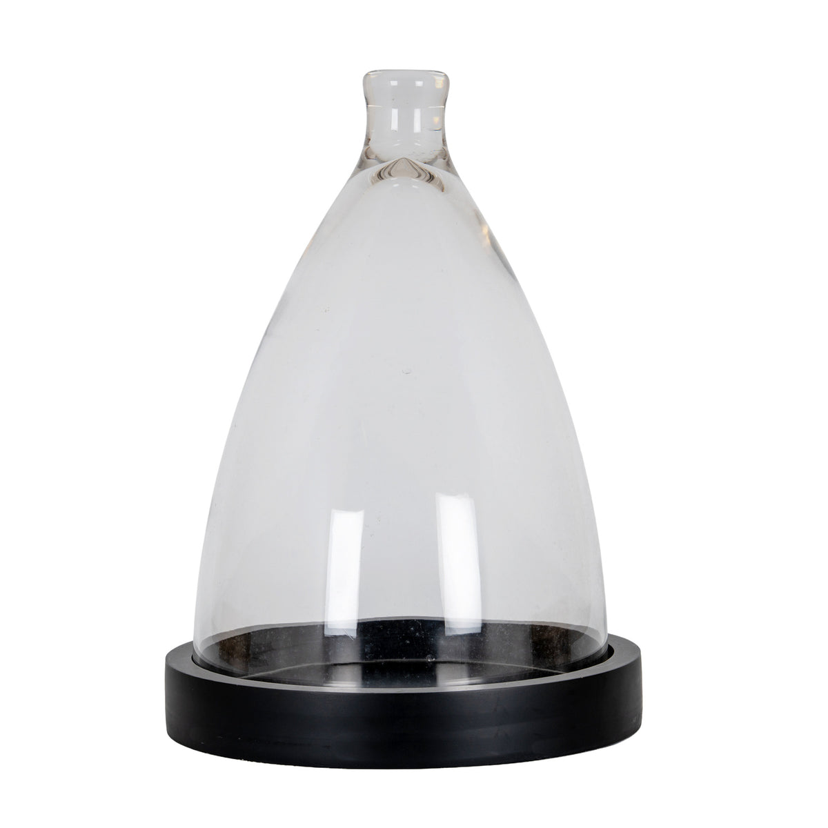 Empty transparent display cloche with a tall tapered cover and short rounded top grip on a black circular tray with a raised rim, against a white background.