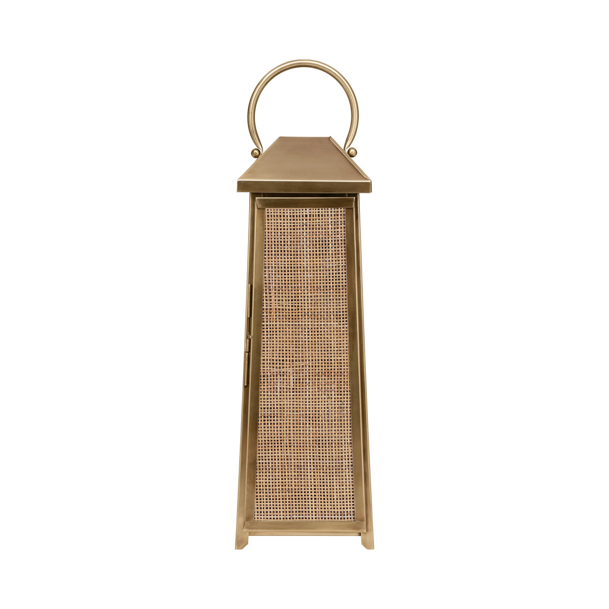 Front view of the tapered lantern with its woven rattan door closed beneath a sloping top and round handle.