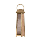 Tapered lantern with its rattan-panelled door open, showing the interior and candle area at the base.