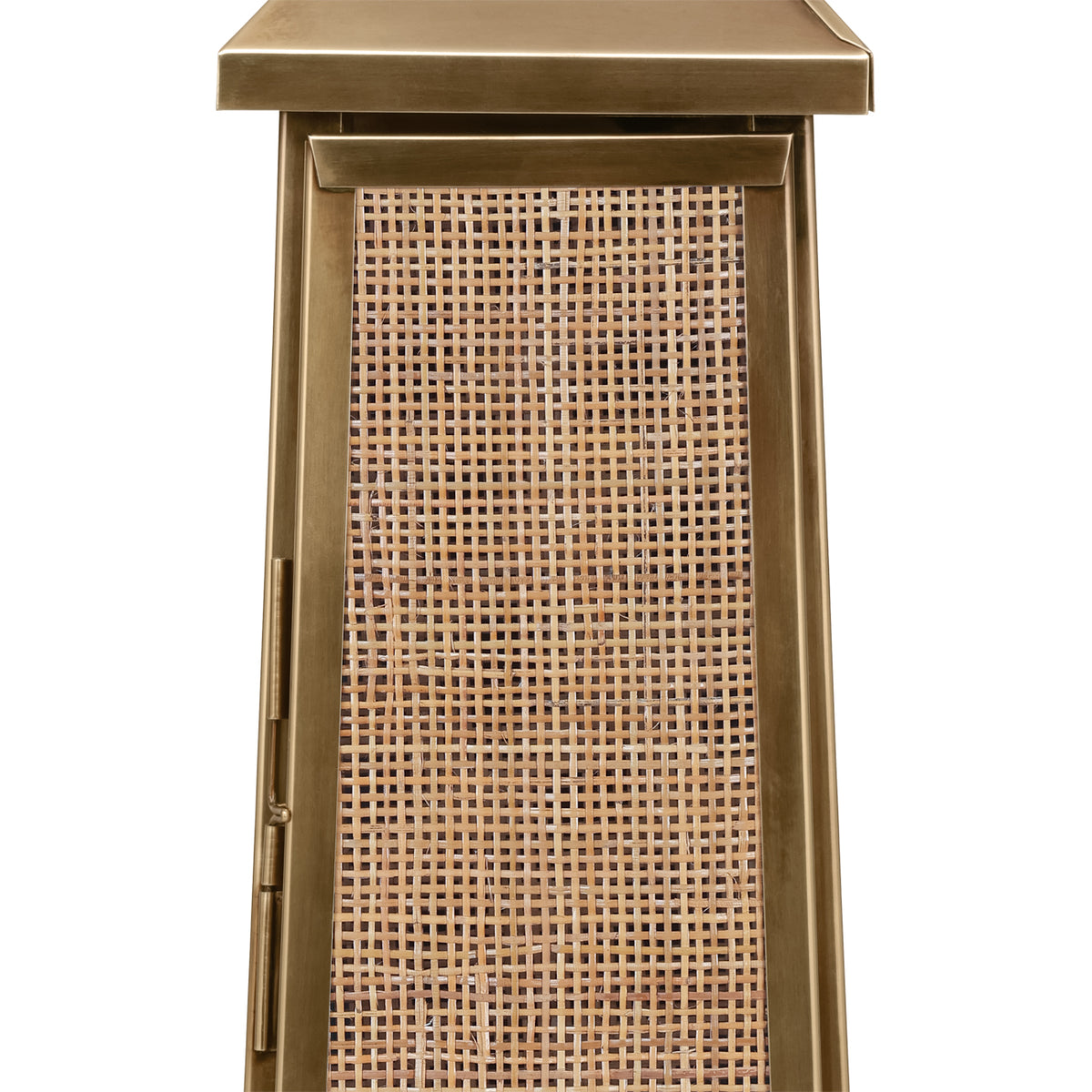 Close-up of the square rattan weave on the lantern door, bordered by an antique brass finish frame with hinges at the side.