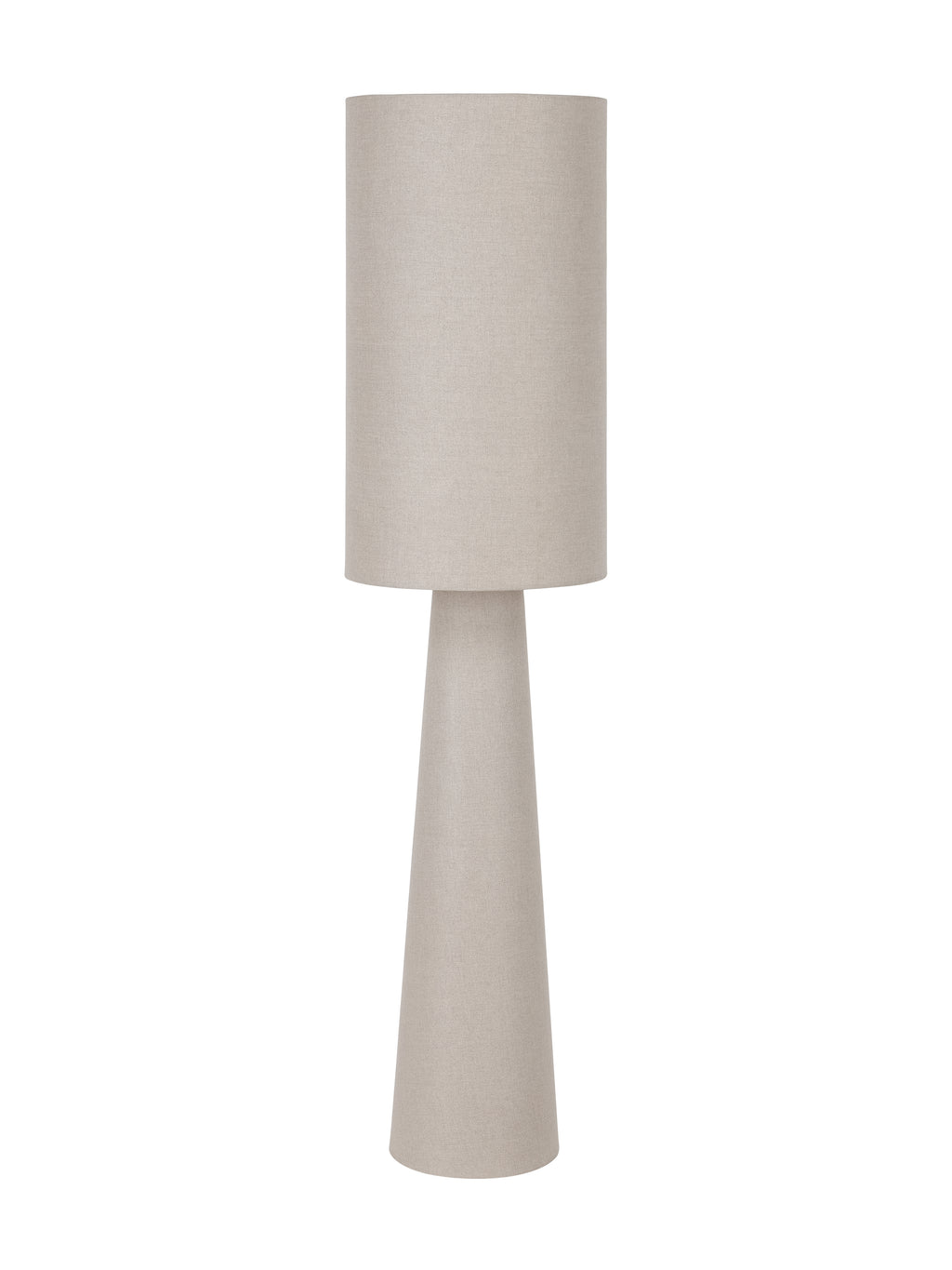 Unlit beige linen floor lamp with a tall cylindrical shade above a tapered pillar body on a white background.