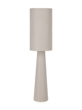 Unlit beige linen floor lamp with a tall cylindrical shade above a tapered pillar body on a white background.