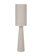 Unlit beige linen floor lamp with a tall cylindrical shade above a tapered pillar body on a white background.