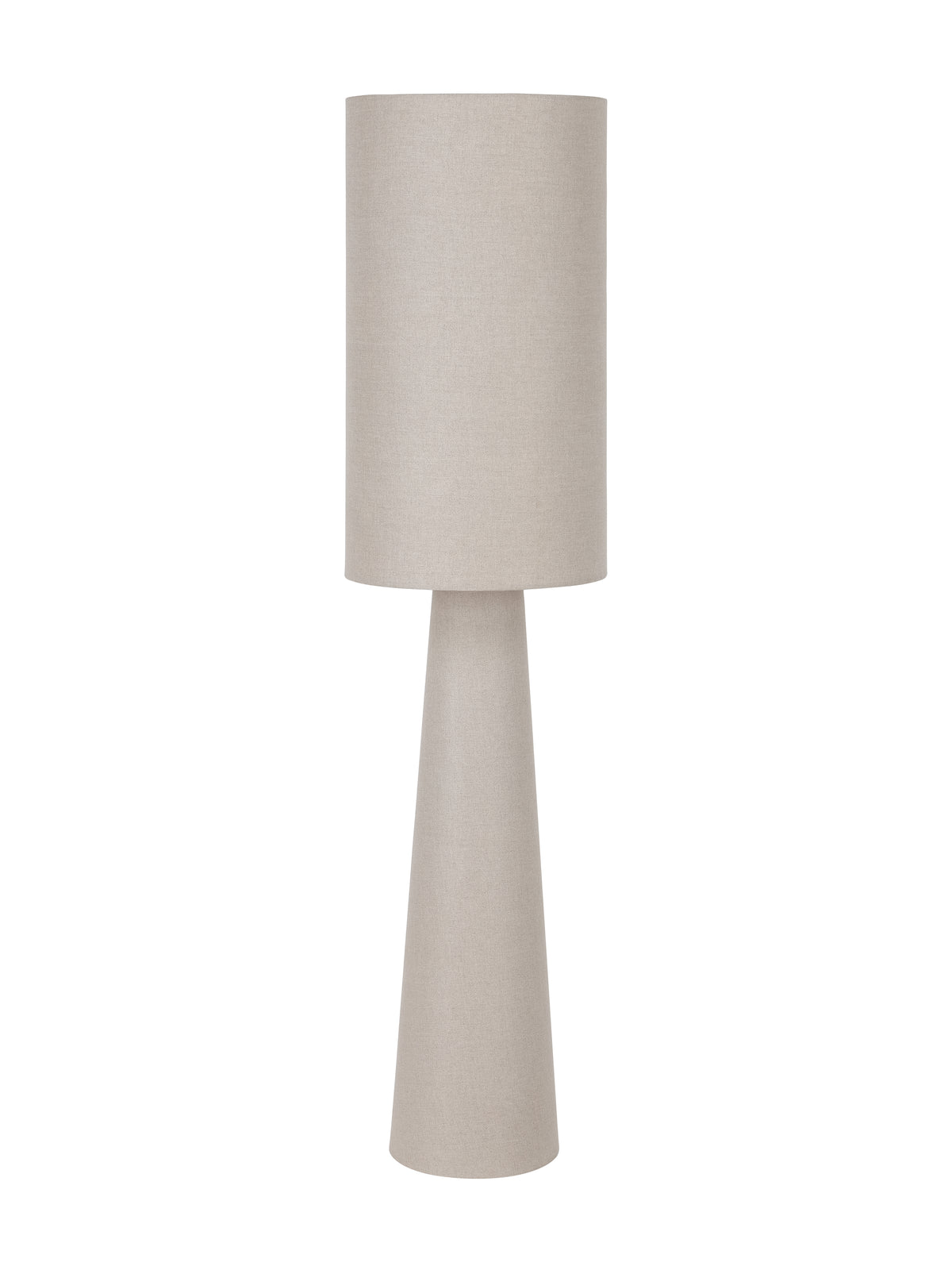 Unlit beige linen floor lamp with a tall cylindrical shade above a tapered pillar body on a white background.