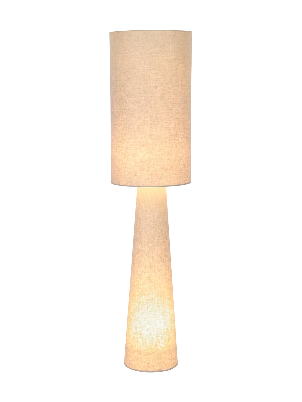 Floor lamp switched on, with warm light glowing through the cylindrical linen shade and tapered fabric body.