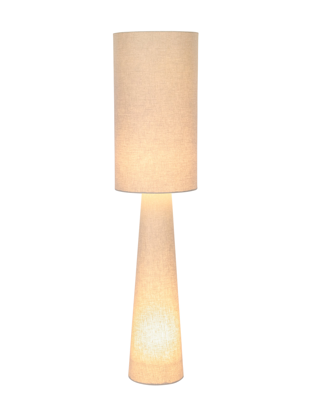 Floor lamp switched on, with warm light glowing through the cylindrical linen shade and tapered fabric body.