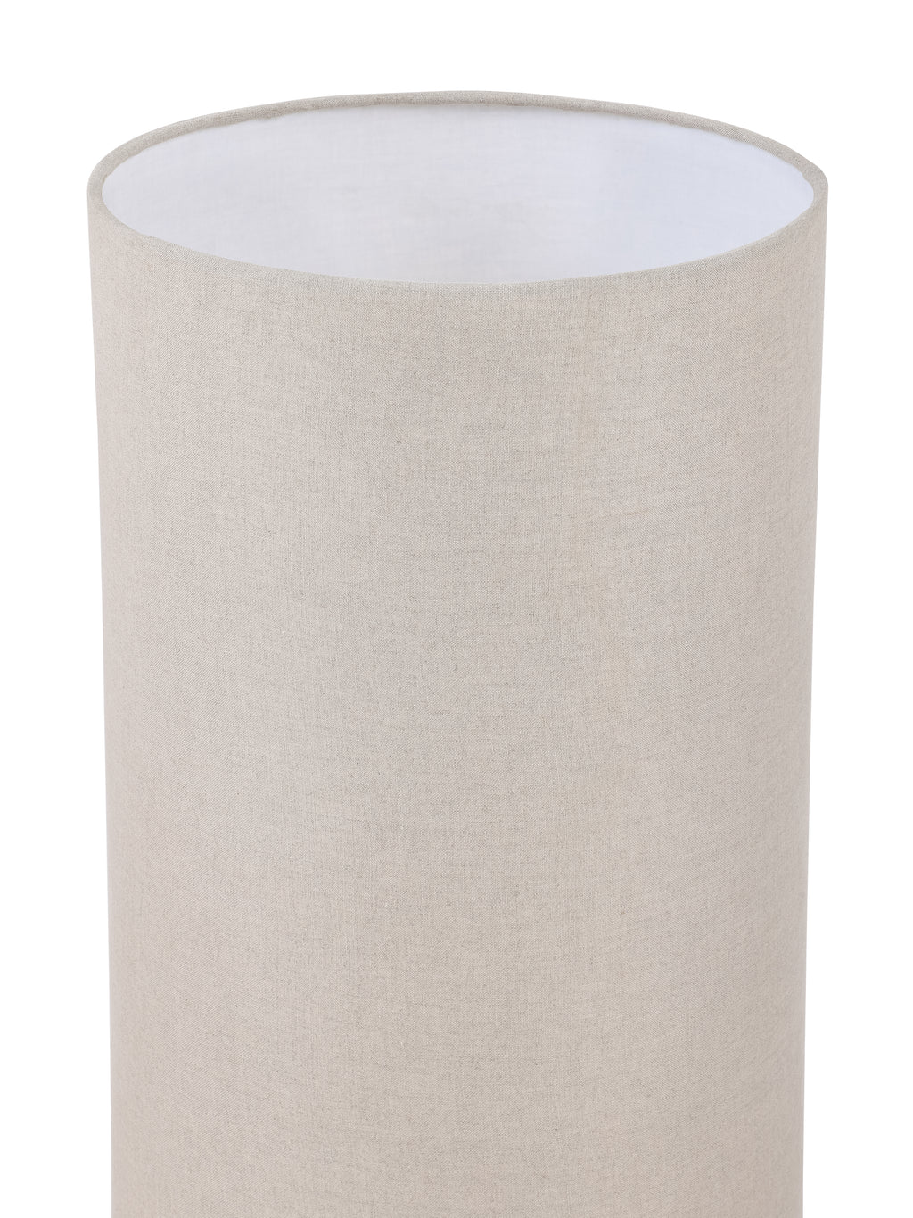 Close-up of the cylindrical beige linen shade showing its open top, pale interior and fabric-covered rim.