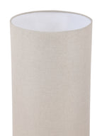 Close-up of the cylindrical beige linen shade showing its open top, pale interior and fabric-covered rim.