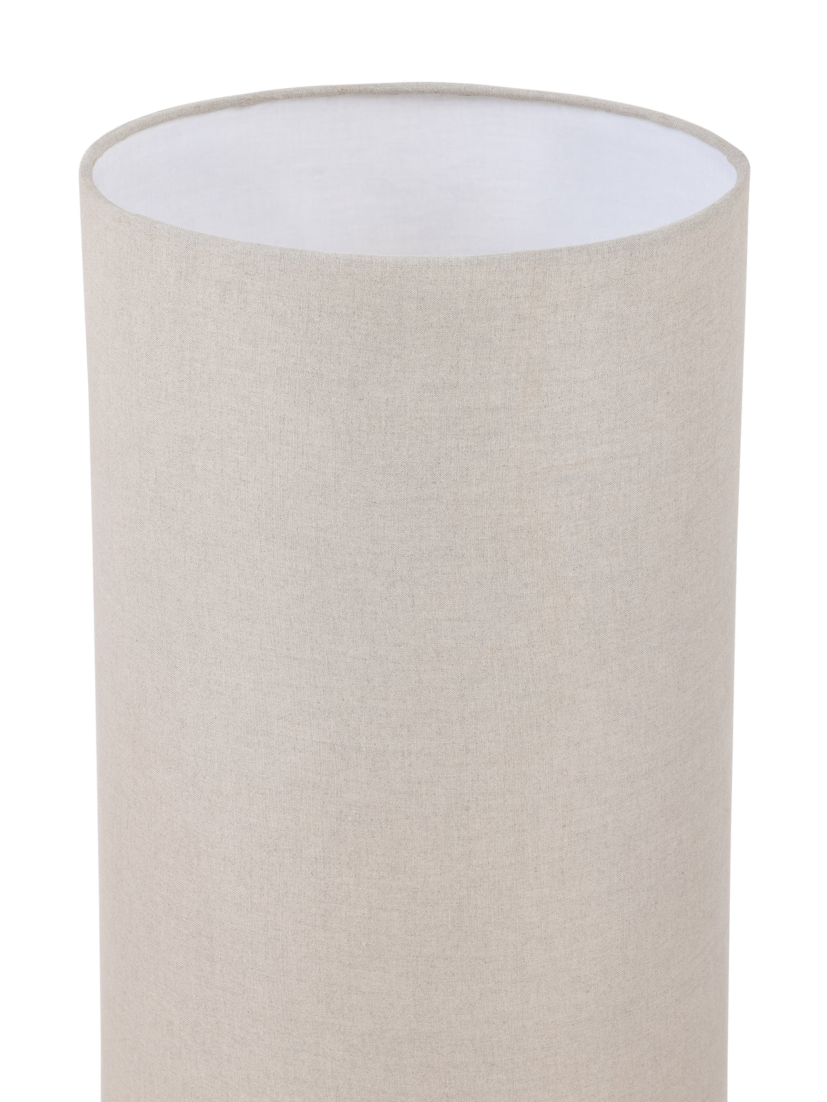 Close-up of the cylindrical beige linen shade showing its open top, pale interior and fabric-covered rim.