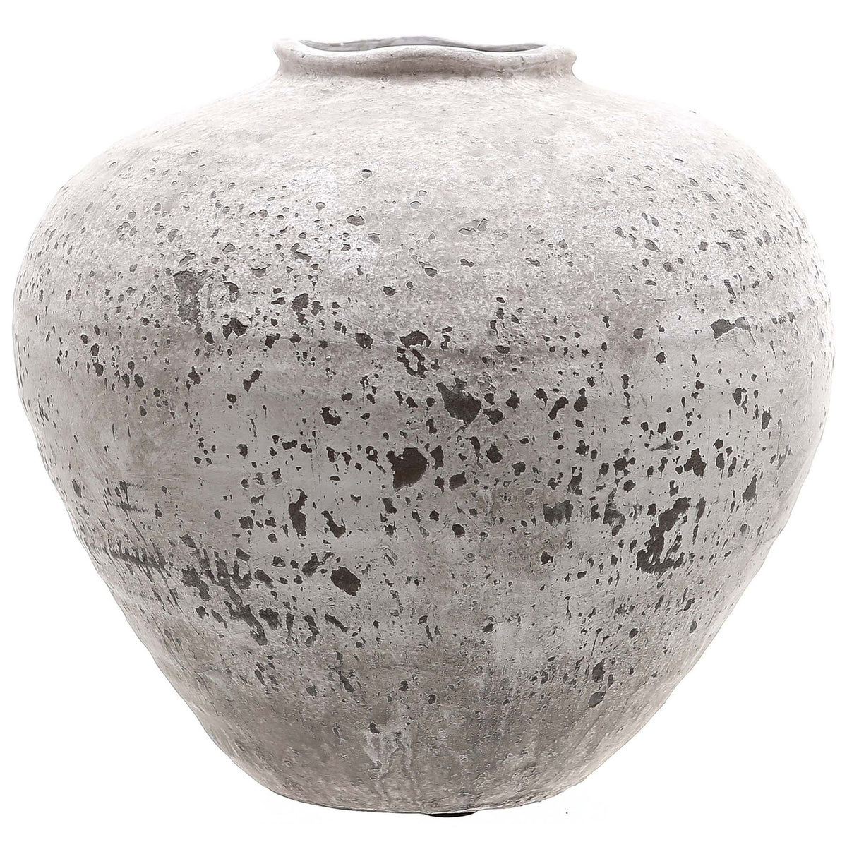 Grey-beige vase with a broad rounded shoulder, tapering sides and a small uneven opening, shown against white.