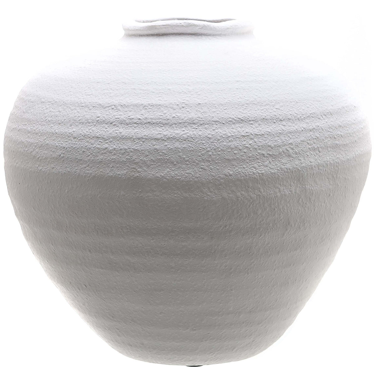 White vase with a broad rounded shoulder, tapered base and small uneven rim against a white background.