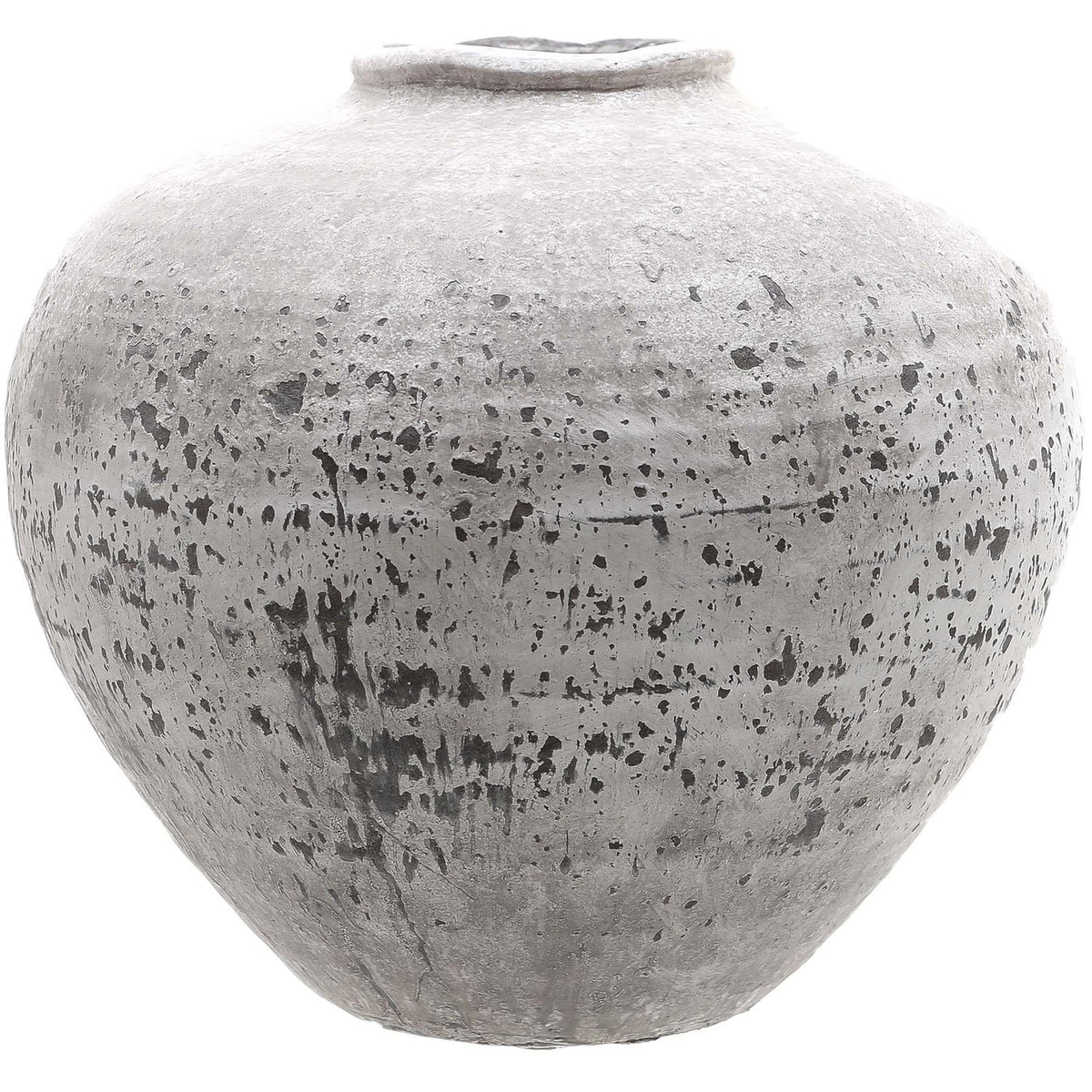 Grey-beige vase with a broad rounded shoulder, tapered base and dark markings across its rough surface, shown against white.