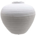 White vase with a broad rounded shoulder, tapered sides and a small uneven opening, shown against a white background.