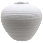 White vase with a broad rounded shoulder, tapered sides and a small uneven opening, shown against a white background.