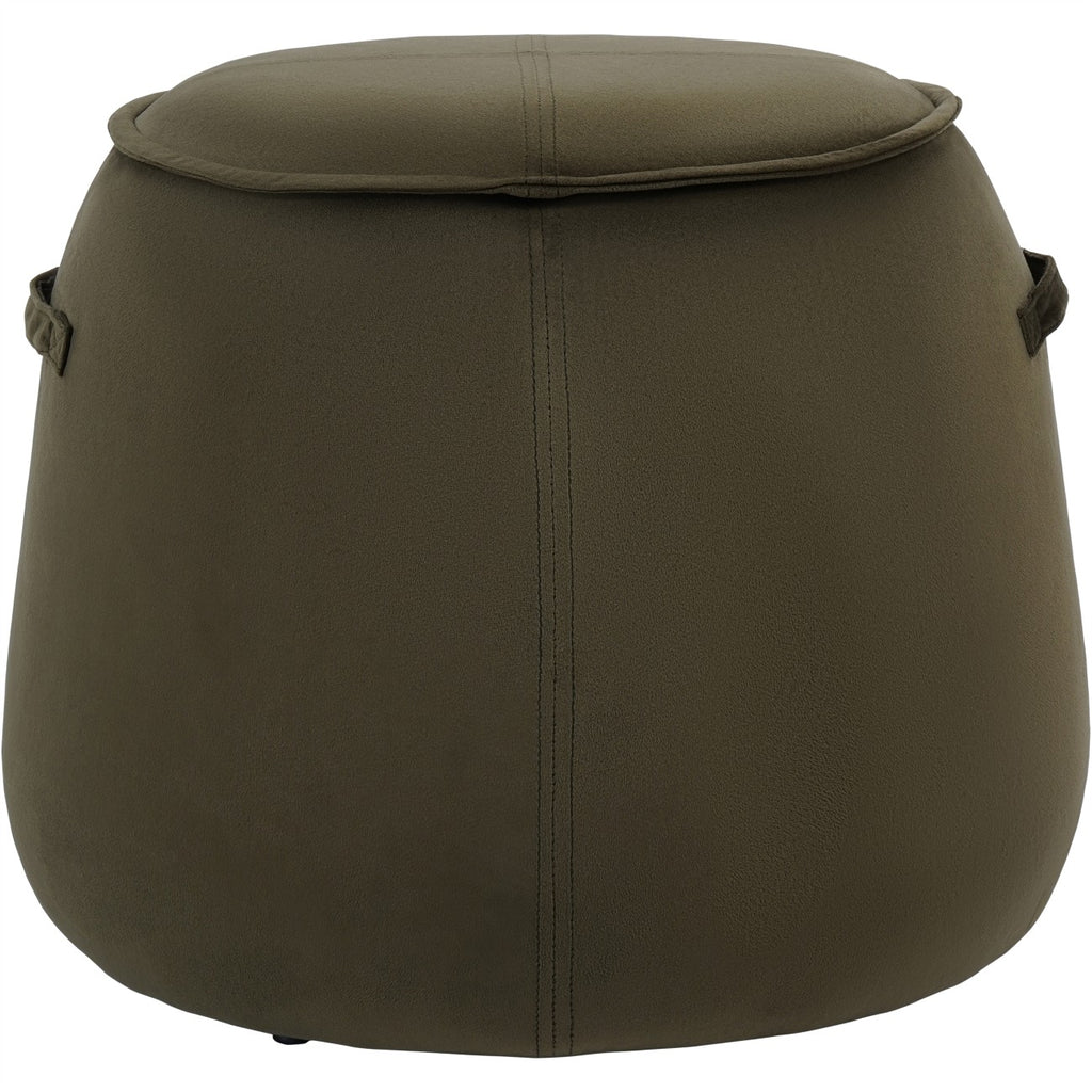 Front view of a green tapered upholstered stool with a piped round top, vertical stitching and side handles.