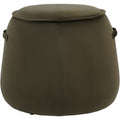 Front view of a green tapered upholstered stool with a piped round top, vertical stitching and side handles.