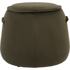 Front view of a green tapered upholstered stool with a piped round top, vertical stitching and side handles.