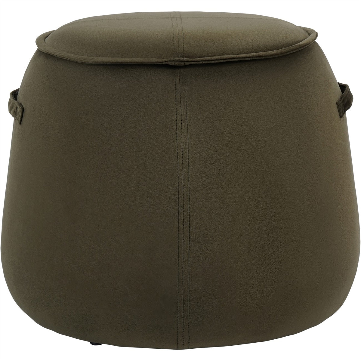 Front view of a green tapered upholstered stool with a piped round top, vertical stitching and side handles.