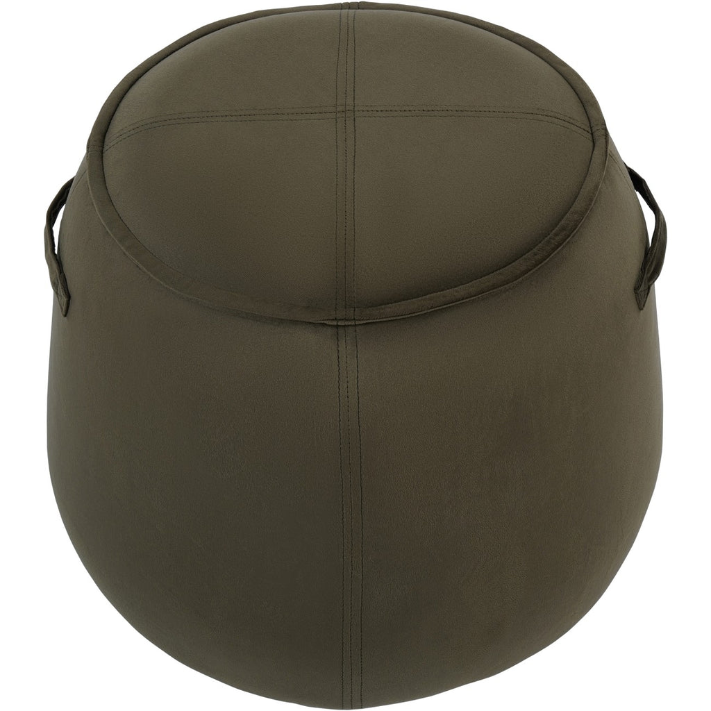 Green upholstered stool viewed from above, showing crossed stitched seams on the circular padded top and handles on both sides.