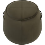 Green upholstered stool viewed from above, showing crossed stitched seams on the circular padded top and handles on both sides.