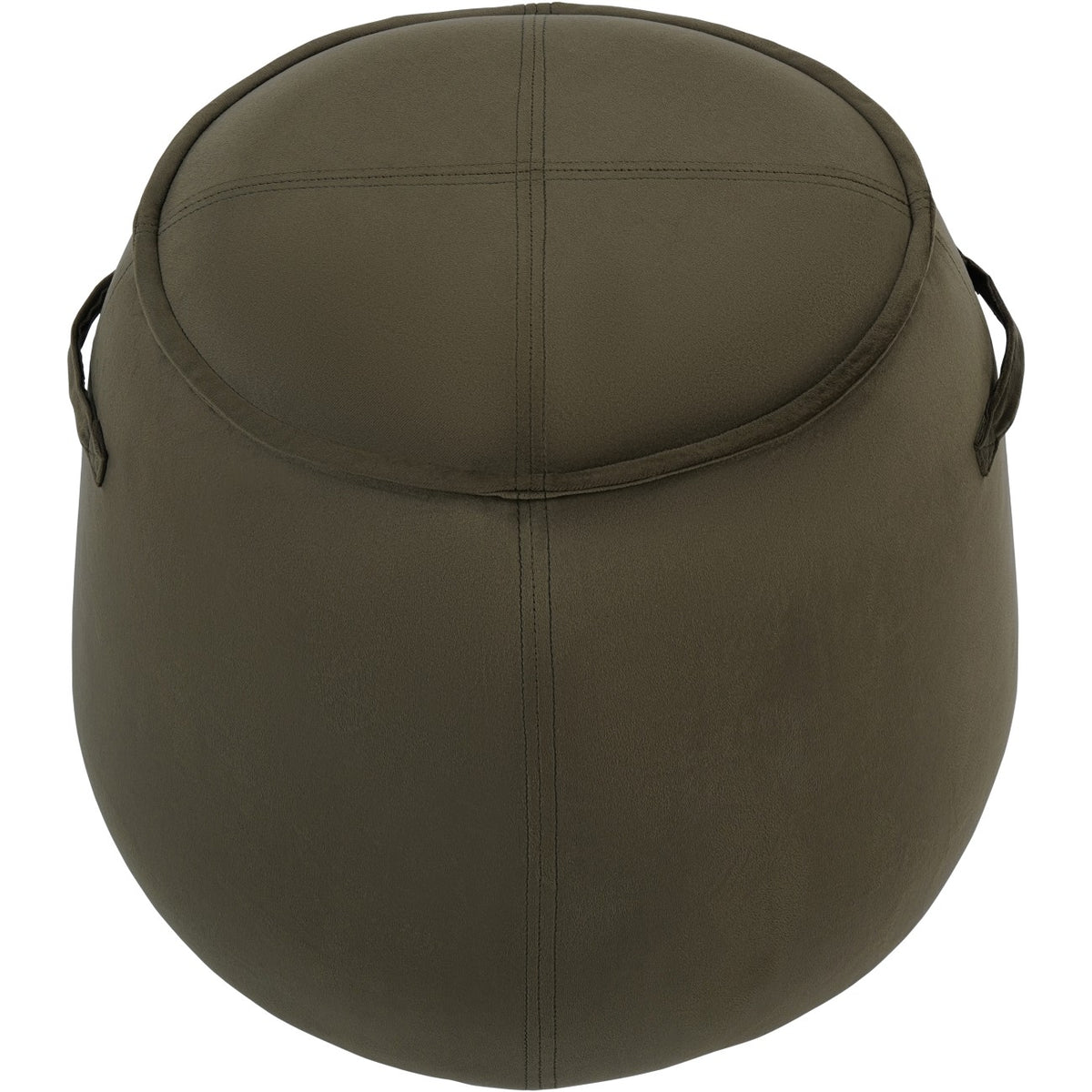 Green upholstered stool viewed from above, showing crossed stitched seams on the circular padded top and handles on both sides.