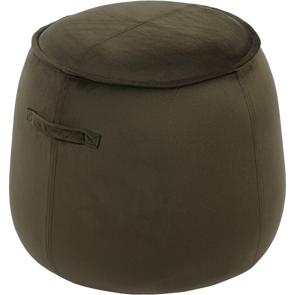 Angled view of the green velvet-textured stool showing its curved tapered body, piped top and one fabric side handle.