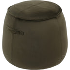 Angled view of the green velvet-textured stool showing its curved tapered body, piped top and one fabric side handle.