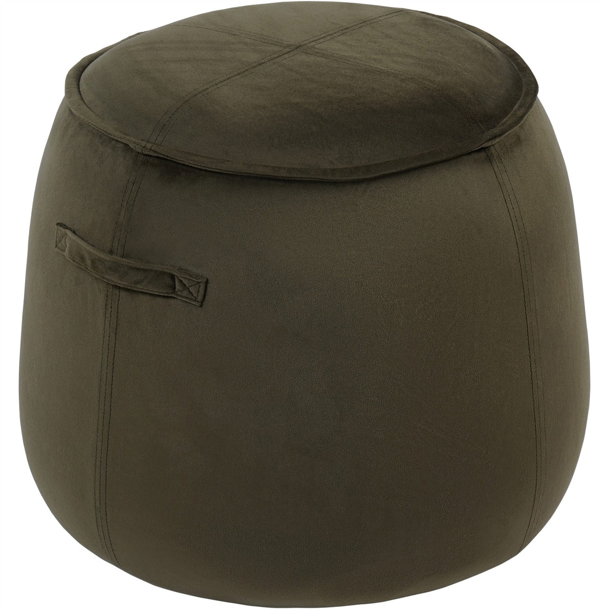 Angled view of the green velvet-textured stool showing its curved tapered body, piped top and one fabric side handle.