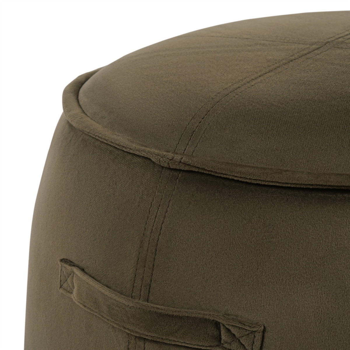 Close-up of the stool's green upholstery, stitched side handle, vertical seam and piping around the padded top.