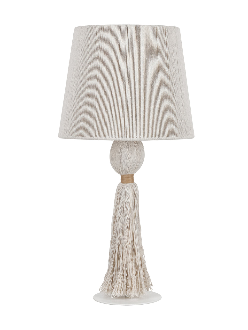 Unlit cream table lamp with a corded tapered shade, rounded wrapped stem and long tassel above a white circular foot.