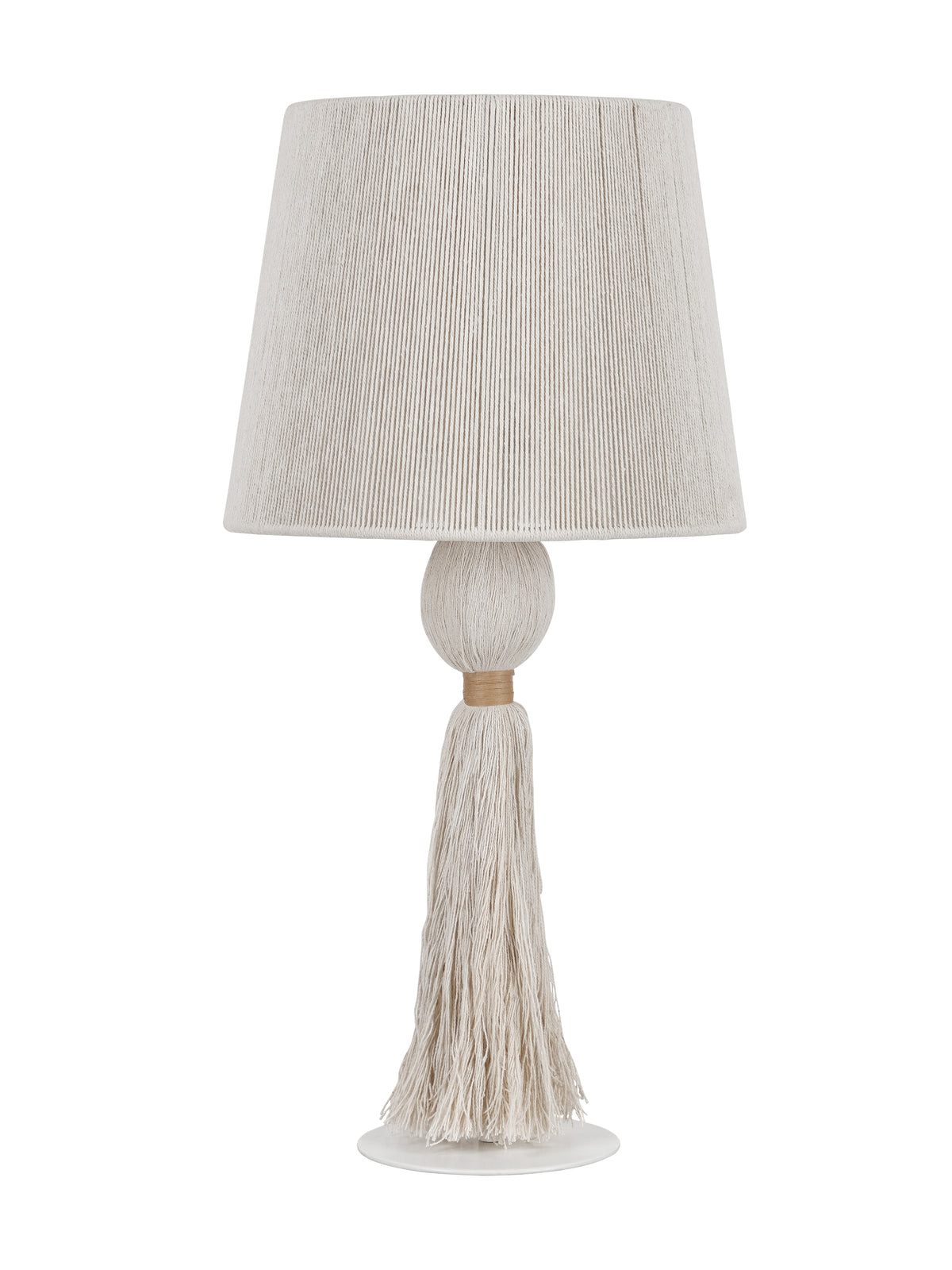 Unlit cream table lamp with a corded tapered shade, rounded wrapped stem and long tassel above a white circular foot.